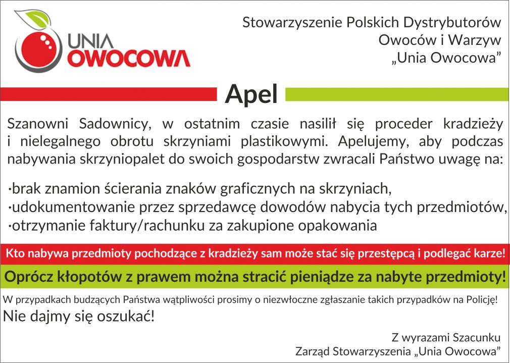 Unia Owocowa apeluje